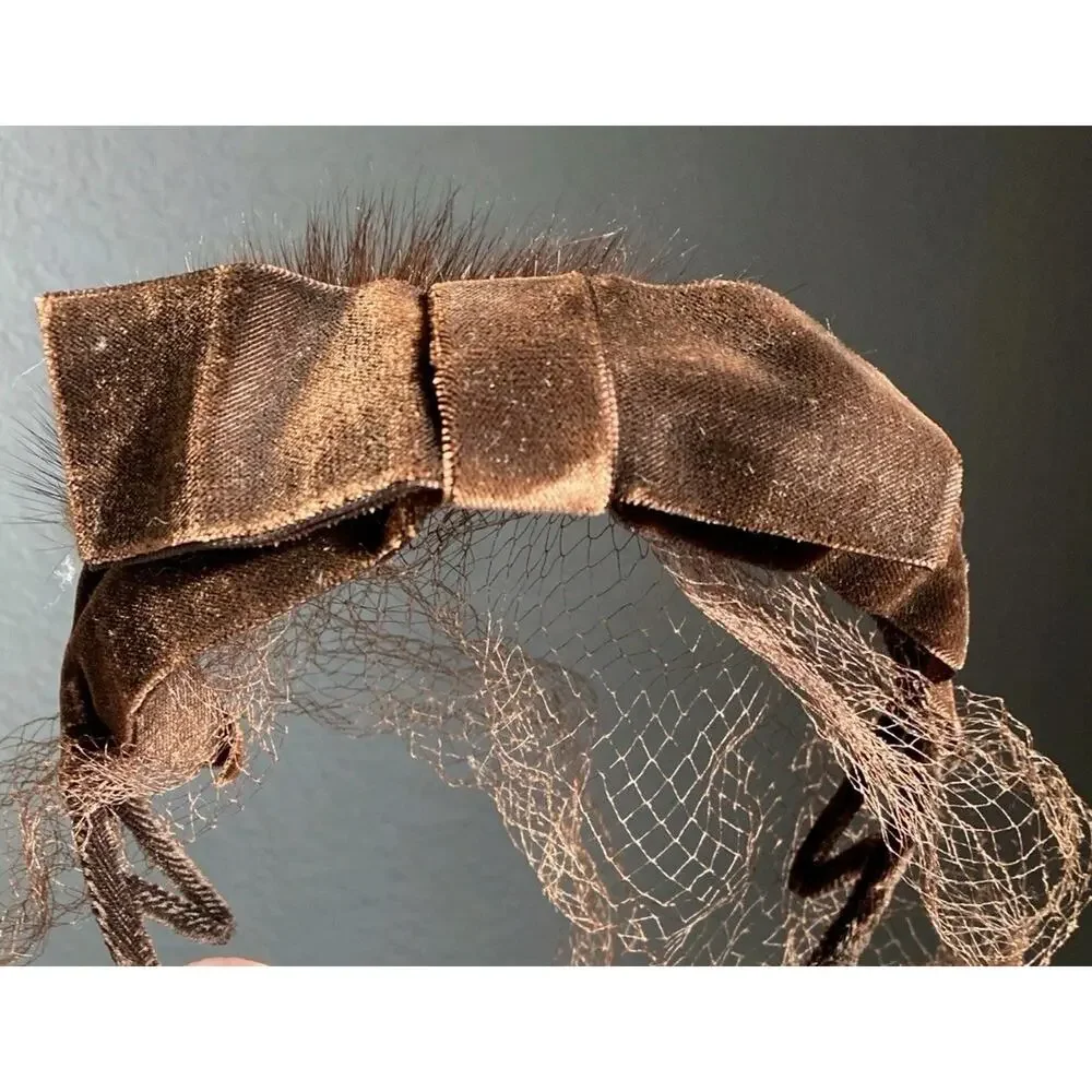Vtg Mink Fur Brown Velvet Bow Veil Fascinator Hat Open Crown Pill Box 1940s - Picture 6 of 7